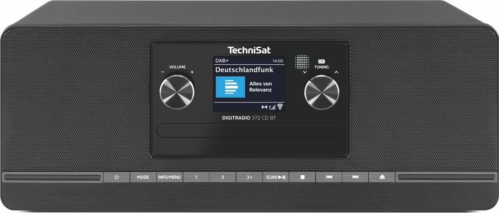 Radiopřijímač s DAB+ TechniSat DIGITRADIO 372 CD BT černý Přední strana zařízení TechniSat s intuitivním tlačítkovým ovládáním a barevným displejem
