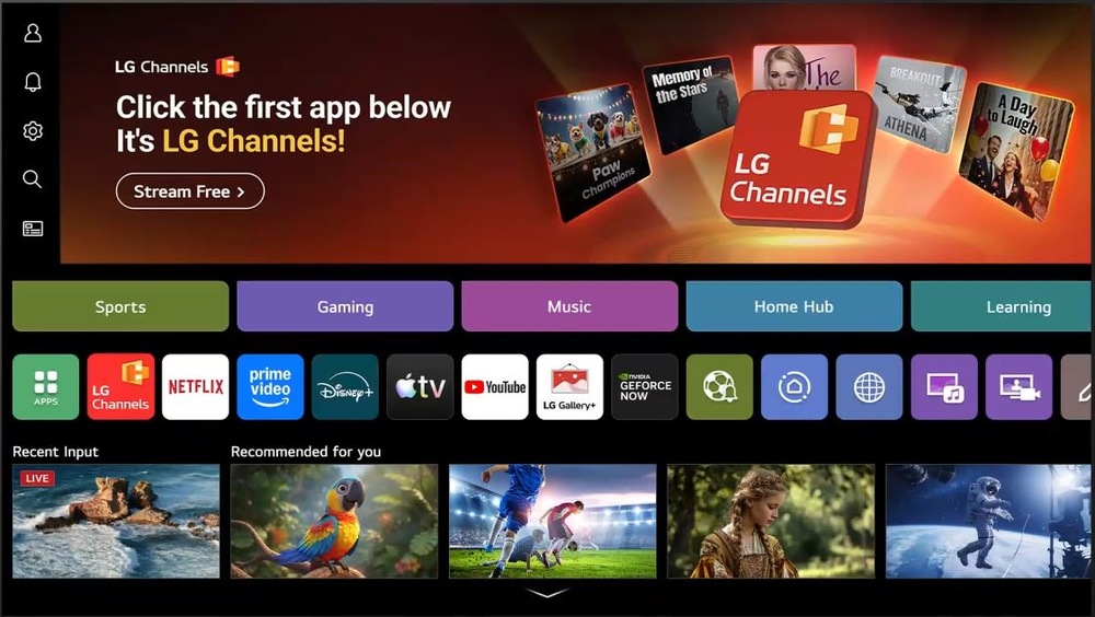 Prostředí chytré televize LG 43LB6500 s aplikacemi, streamovacími službami a LG Channels