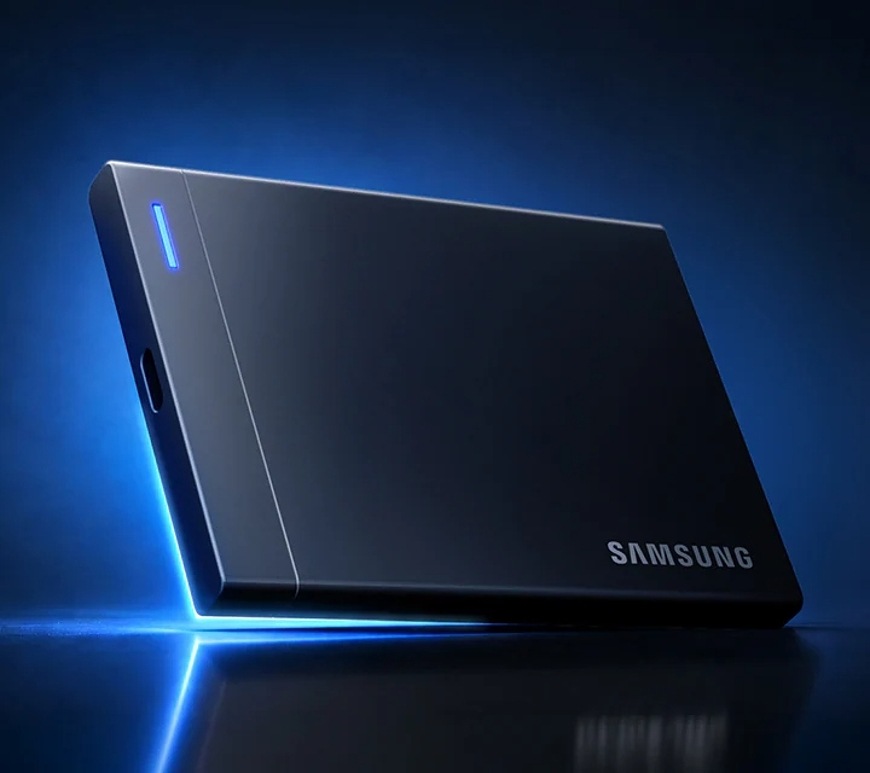 Ostré linie, čisté hrany a odolné kovové tělo externího disku Samsung P9