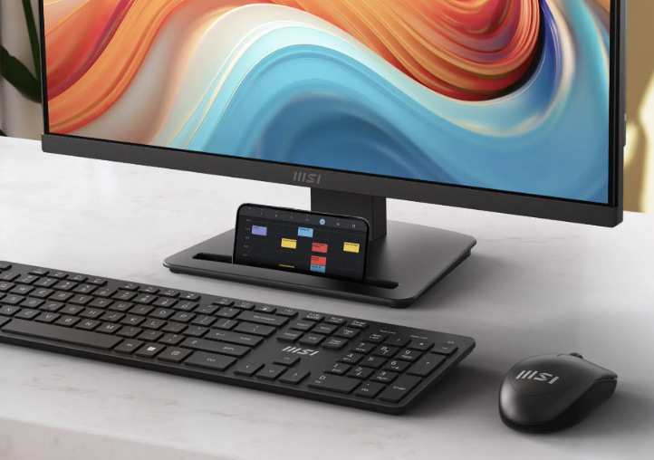 Detail monitoru MSI PRO MP241 E14V se slotem ve stojanu pro odložení telefonu
