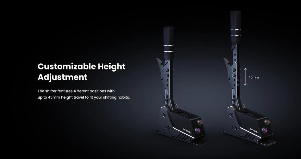 Řadící páka PXN SF SMG Shifter Sequential černá Tmavá produktová grafika znázorňující dvě černé řadicí páky pro sim-racing v různých výškách, která ilustruje možnost nastavení až do 45 mm; elegantní, technický styl.