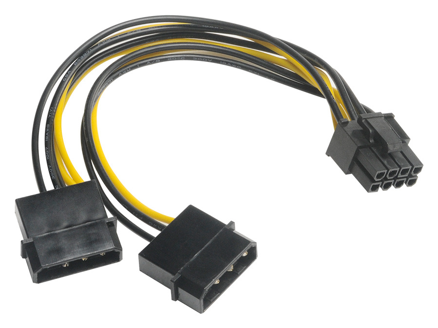 Adaptér AKASA 2x 4P Molex male na 6+2P PCIe female černý AKASA 2x 4P Molex male na 6+2P PCIe female je kompatibilní s 6 i 8pinovými vstupy grafických karet