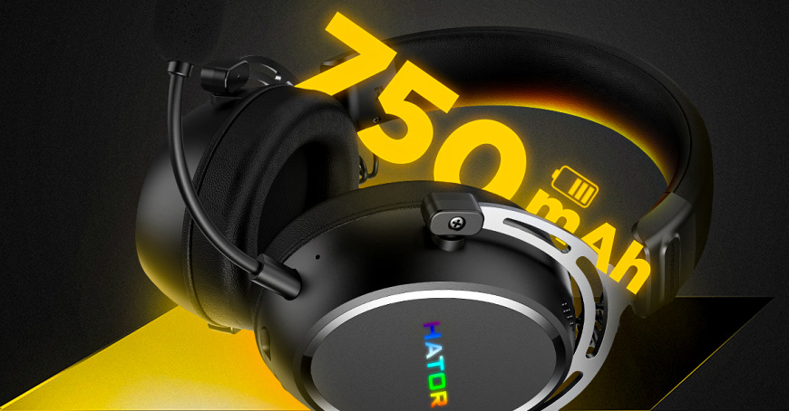 Headset HATOR Hypergang 3 Wireless s grafickým údajem o kapacitě baterie 750 mAh