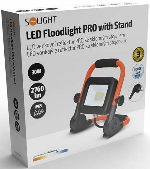 Reflektor Solight PRO se sklopným stojanem, 30W, 2760lm, 5000K, IP65 černý/oranžový