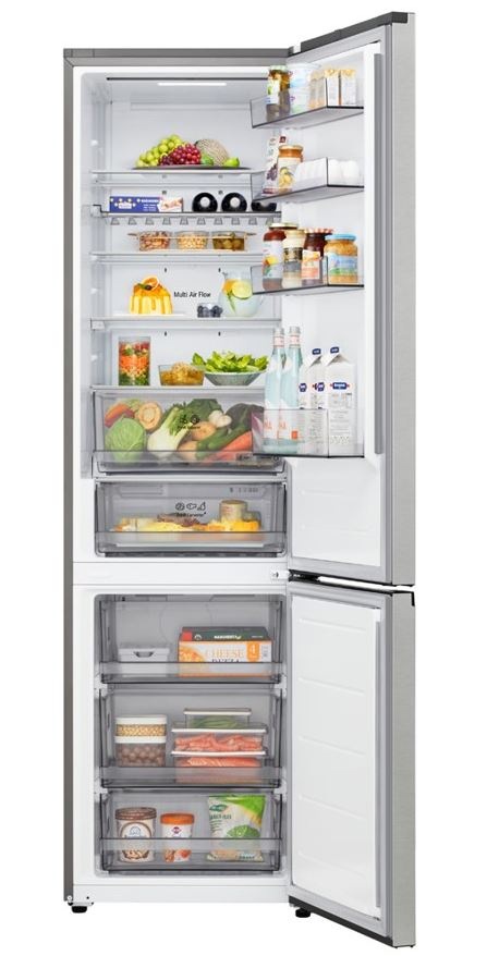 otevřená lednice LG GBBS322BPY ve stříbrném provedení naplněná jídlem