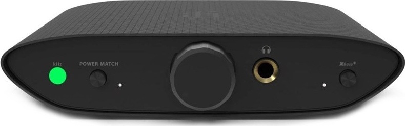 Sluchátkový zesilovač iFi Audio ZEN Air DAC zepředu s velkým ovladačem hlasitosti, sluchátkovým výstupem a tlačítky PowerMatch a XBass+.