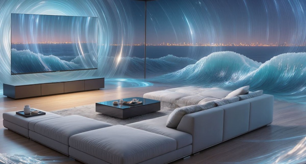 Futuristický obývací pokoj s velkou pohovkou a elegantní televizí zobrazující vířící oceánské vlny. Stěny splývají s virtuální mořskou krajinou a evokují klid.