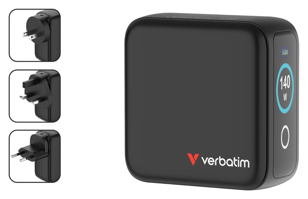 Cestovní adaptér Verbatim Mini GaN LCD, 3x USB-C PD 140 W, 1x USB-A QC 3.0, černá černý Verbatim Mini GaN LCD, 3× USB-C PD 140 W, 1× USB-A QC 3.0, černá