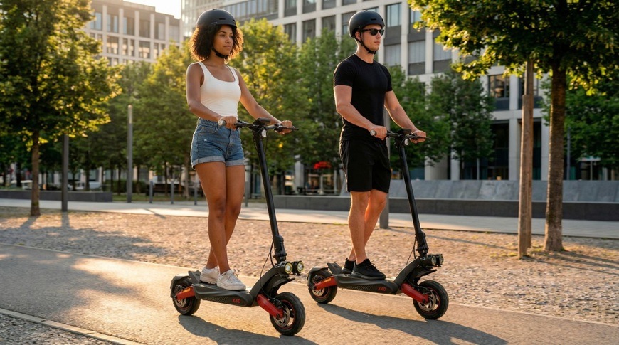 Elektrická koloběžka Sencor SCOOTER X40 černá Dvojice jezdců na elektrických koloběžkách Sencor SCOOTER X40 při jízdě městským parkem.