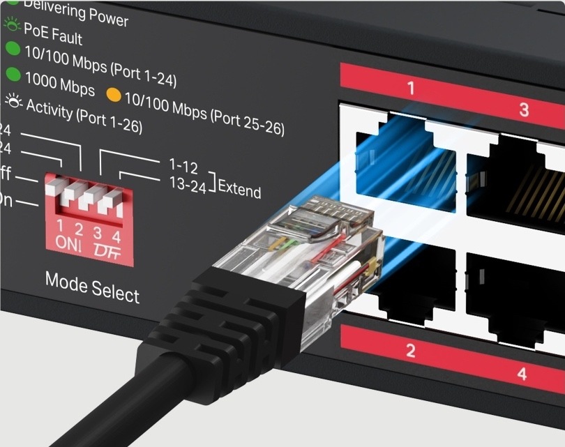 Detail předního panelu switche Mercusys MS126CP se zapojovaným ethernetovým kabelem, porty RJ45, stavovými kontrolkami a čtyřmi přepínači provozních režimů.