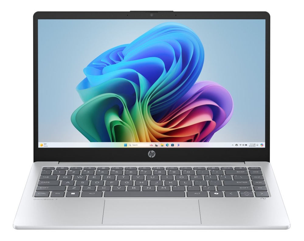 Notebook HP OmniBook 3 NG AI 14-ha0433nc + Game Pass předplatné na 3 měsíce stříbrný Otevřený a zapnutý notebook HP OmniBook 3 NG AI PC 14-ha0001nc zepředu