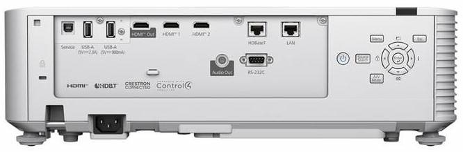Zadní panel projektoru Epson EB-L690U s konektory HDMI, HDBaseT, LAN, USB a audio výstupem