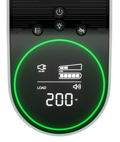 Záložní zdroj APC Pro 2200VA for Gaming, 230V, Pure Sinewave, LCD, Schuko, White bílý Na obrázku je detail horního ovládacího panelu záložního zdroje APC Pro 2200VA for Gaming. Dominantní je kulatý LCD displej s jasně zeleným svítícím prstencem po obvodu. Na displeji jsou ikony režimu online, ukazatel zátěže a stavu baterie a velké číslo „200 W“, které ukazuje aktuální odběr. Nad displejem jsou tři malá tlačítka a úplně nahoře je tlačítko napájení.