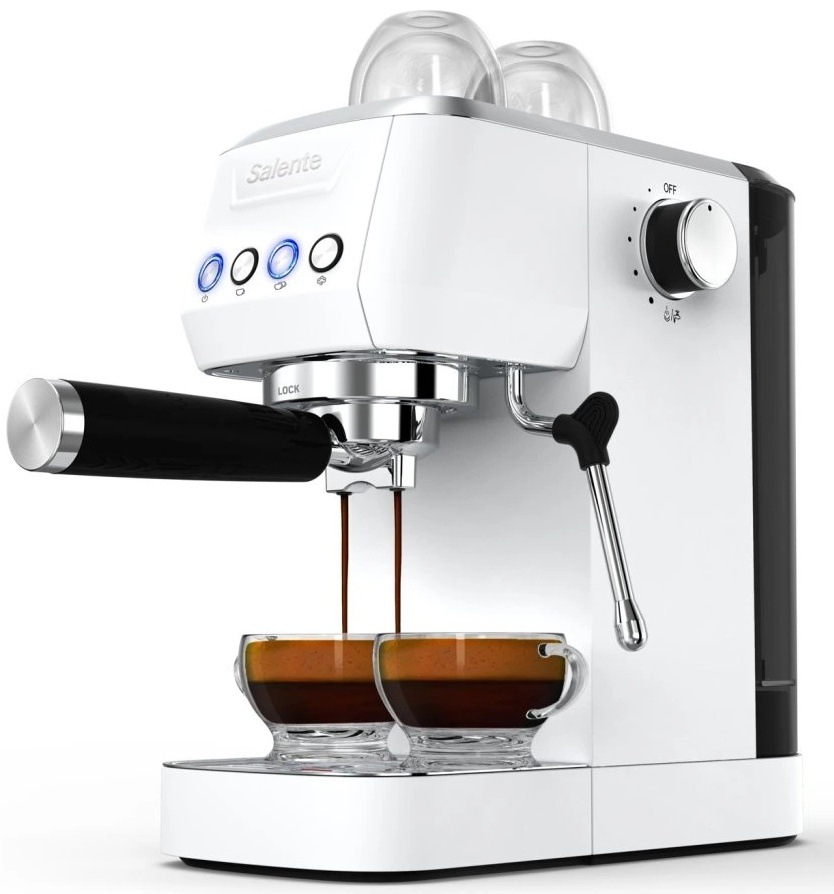 Kávovar Salente COFFIO 2026 s předehříváním šálků nahoře při přípravě espresa.