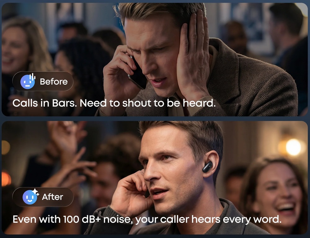 Sluchátka Anker soundcore Liberty 5 Pro černá Muž telefonující prostřednictvím smartphonu vs se sluchátky Anker soundcore Liberty 5 Pro zajišťujícími skvělou slyšitelnost i v hlučném prostředí