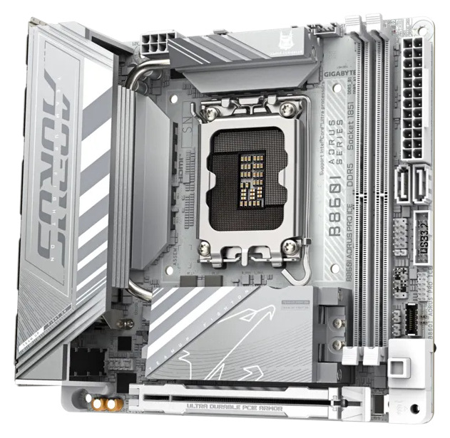 Základní deska GIGABYTE B860I AORUS PRO ICE Celkový pohled na mini-ITX desku Gigabyte B860I AORUS PRO ICE s jedním PCIe slotem a dvěma sloty DDR5