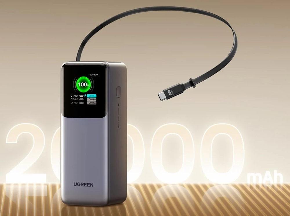 Powerbanka UGREEN 20 000 mAh s integrovaným USB-C kabelem a displejem ukazujícím stav nabití