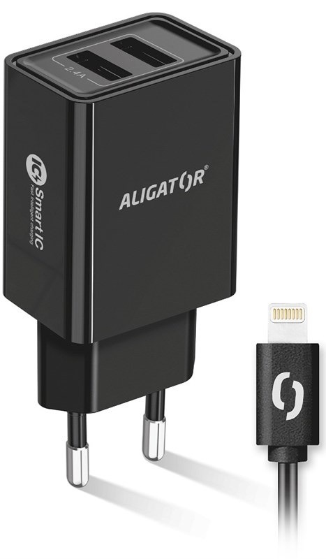 Nabíječka do sítě Aligator 2,4A, 2xUSB, smart IC, USB kabel pro Apple černá