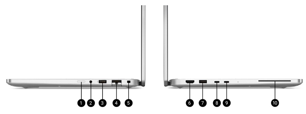 Záběr na rozmístění připojovacích portů notebooku Dell Pro 16. 