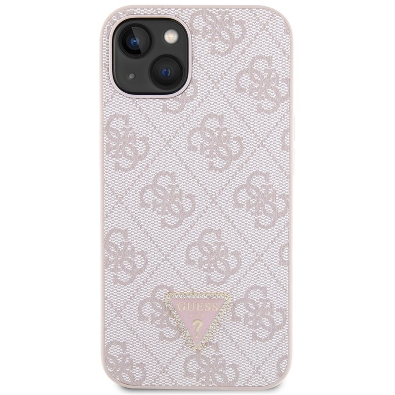 Kryt na mobil Guess 4G Strass Triangle Metal Logo na Apple iPhone 15 růžový