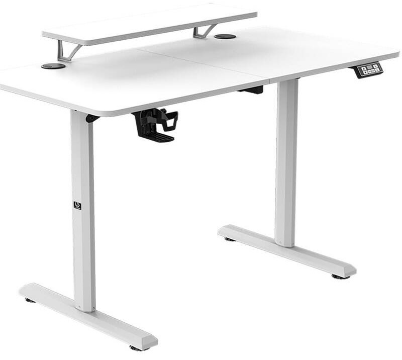 bílý elektrický výškově nastavitelný stůl ULTRADESK Highlander s policí na monitor a ovládacím panelem