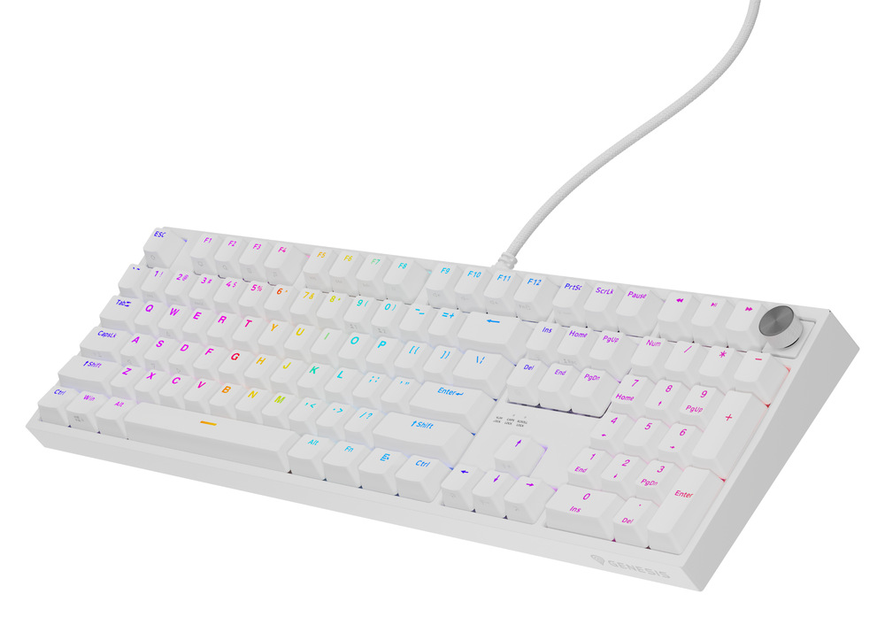 Klávesnice Genesis THOR 404 RGB, Gateron Yellow Pro, US layout bílá Můžete si vybrat z 18 režimů podsvícení RGB, vytvářet pokročilé kombinace maker a ukládat profily.