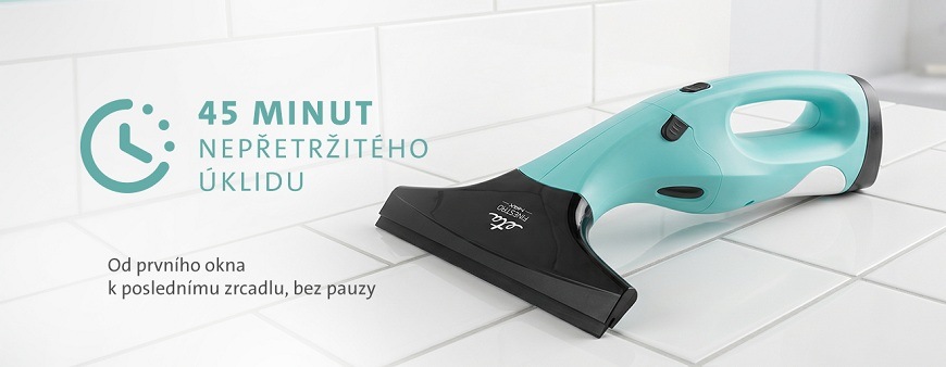 Akumulátorový čistič oken ETA Finestro Max na kachličkách – text: 45 minut nepřetržitého úklidu. Od prvního okna k poslednímu zrcadlu, bez pauzy