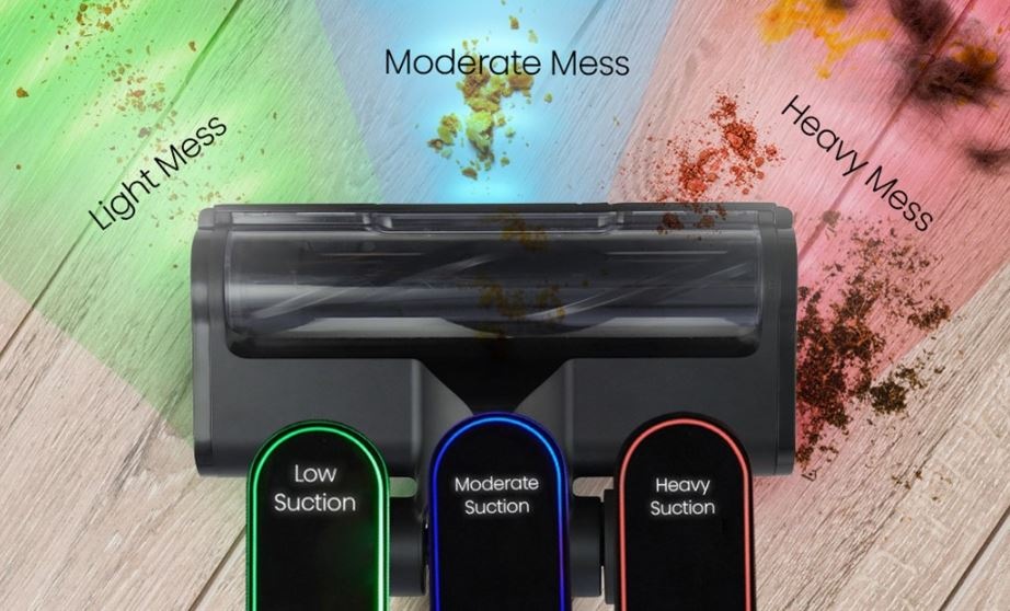 Tyčový vysavač Hisense HVC646630A Hi-Move VI Adapt InverterTech černý barevné indikátory zobrazují intenzitu vysavani: jsou videt zelene, modre a cervene části.