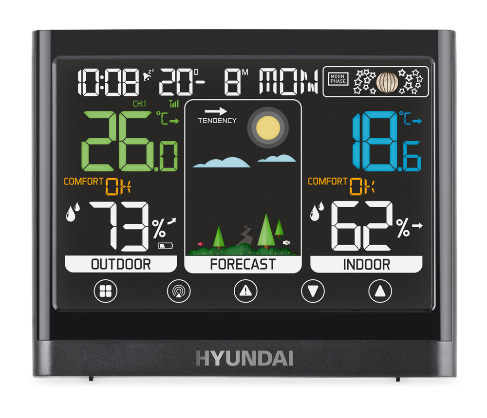 Meteorologická stanice Hyundai WS 2450 černá Čelní pohled na displej metostanice Hyundai WS 2450, který přehledně zobrazuje informace