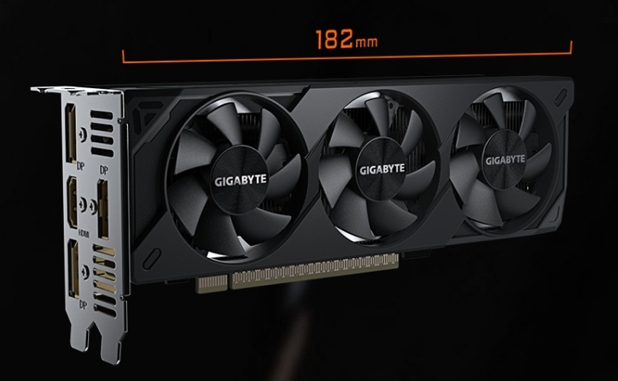Grafická karta GIGABYTE GeForce RTX 5060 OC Low Profile 8G Ukázka rozměrů 182 mm kompaktní grafické karty GIGABYTE RTX 5060 OC Low Profile