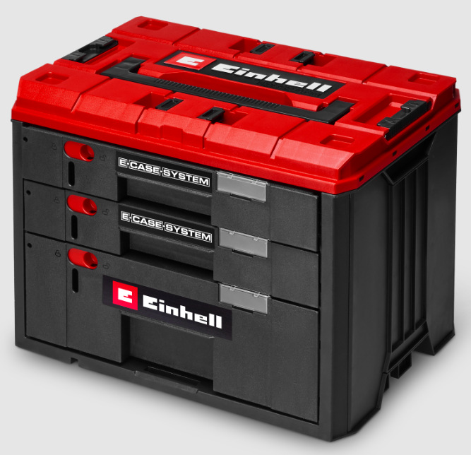 Horní víko a tři zásuvky kufru Einhell E-Case 4540047 v zavřeném stavu