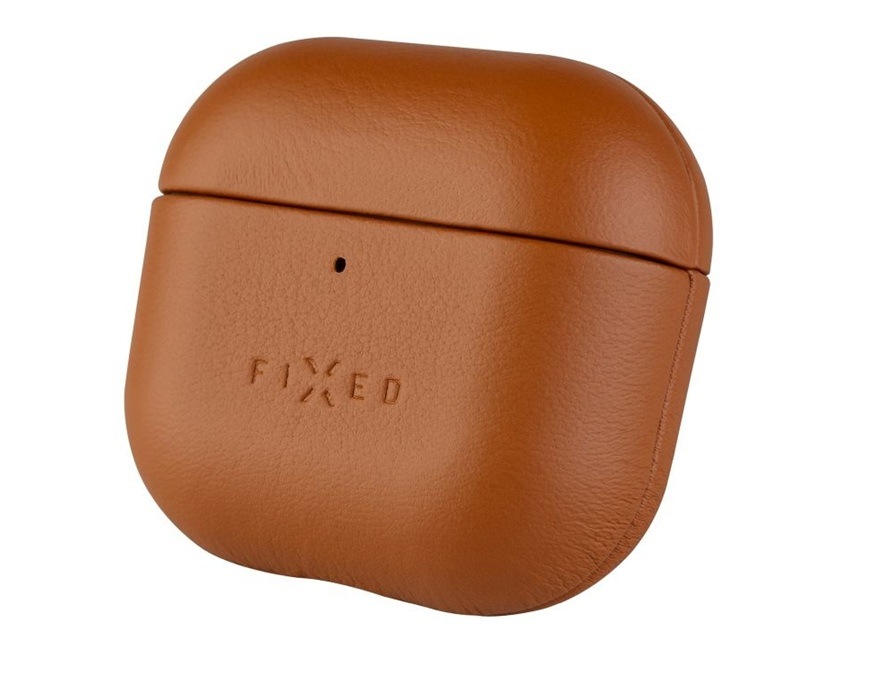 Kožené pouzdro FIXED PodsLeather pro Apple AirPods 4 v hnědém provedení.