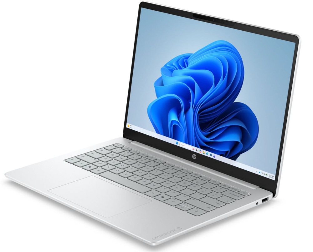 Notebook HP OmniBook 3 14-hu0001ncx + Game Pass předplatné na 2 měsíce stříbrný Notebook HP OmniBook 3 ve stříbrném provedení z bočního pohledu