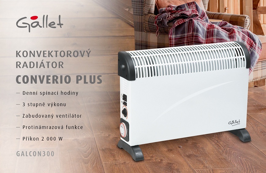 Konvektorový radiátor Gallet Converio Plus GALCON300 s časovačem. Bílý přímotop s funkcemi: denní spínací hodiny, 3 stupně výkonu, ventilátor, protinámrazová funkce a příkon 2000 W