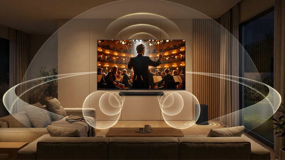 Televize LG 75NU900B6LA Virtuální 9.1.2 zvuk s AI Sound vás obklopí prostorovým audiem bez nutnosti externích reproduktorů.