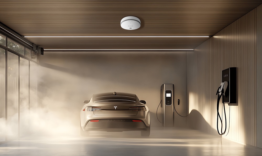 Na obrázku je moderní garáž s dřevěným stropem a světlými stěnami. Uprostřed stojí zezadu zaparkovaný světlý elektromobil Tesla a napravo vedle něj je nabíjecí stanice s připojeným kabelem. Na pravé stěně je ještě další nástěnný box s kabelem. V levé části prostoru je lehký kouř nebo mlha, která se rozlévá podél podlahy a ke stěně.  Na stropě uprostřed je namontovaný kulatý bílý hlásič SAFE. Je zobrazený jako nenápadná součást prostoru, která dohlíží na bezpečnost v garáži.