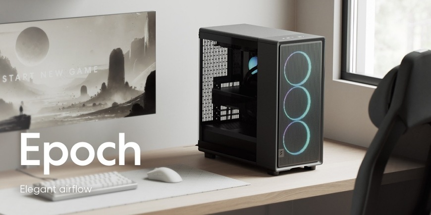 Skříň umístěná na pracovním stole v minimalistickém interiéru, s viditelným interiérem a nasvícenými RGB ventilátory za čelním panelem.