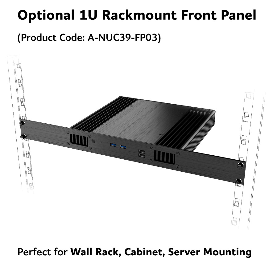 Case AKASA Plato RC for ASUS NUC 14 Pro černá Na obrázku je ilustrační render, který ukazuje volitelný 1U rackmount přední panel pro skříň AKASA Plato RC (produktový kód A-NUC39-FP03). Skříň je zasunutá do 19" racku a uchycená pomocí dlouhého čelního panelu, který vyvádí přední stranu se vzduchovými mřížkami, tlačítkem/indikací a USB porty dopředu.