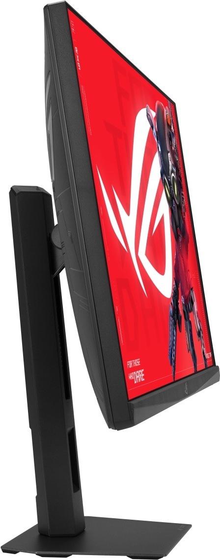 Herní monitor Asus ROG Strix XG27AQNGV černý Na obrázku je herní monitor Asus ROG Strix XG27AQNGV 27" z bočního pohledu. Monitor je nakloněný dozadu, takže je vidět jeho štíhlé černé tělo, zadní kryt s herním vzorem a červená grafika na obrazovce. Displej drží výškově nastavitelný stojan s plochou hranatou základnou. Ve stojanu je otvor pro vedení kabelů.