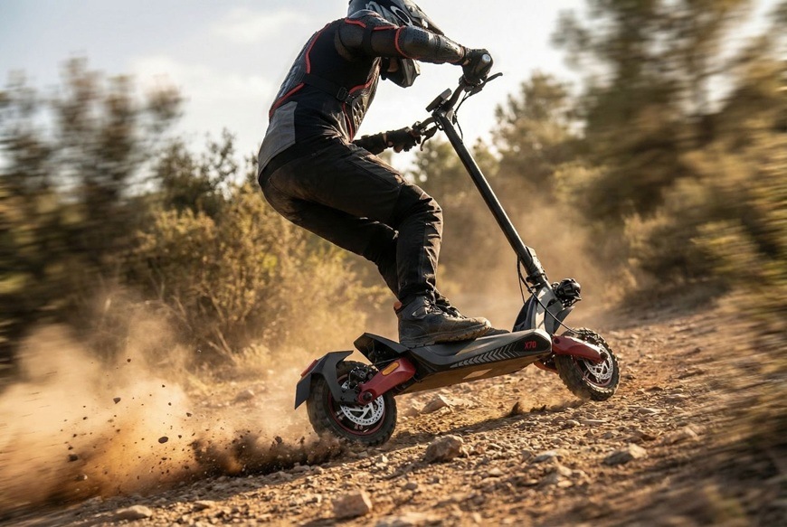 Elektrická koloběžka Sencor SCOOTER X70 černá Elektrická koloběžka Sencor SCOOTER X70 při sportovní jízdě po kamenité terénní stezce.