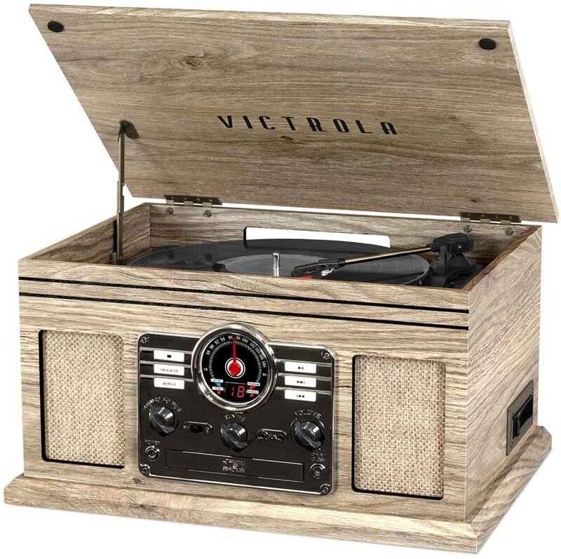 Retro gramofon Victrola Empire, béžový dřevěný dekor, otevřené víko