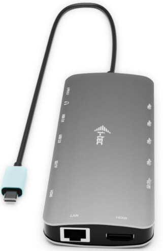 Horní pohled na dokovací stanici i‑tec s USB‑C kabelem a konektory LAN a HDMI.