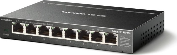 Černý switch Mercusys MS108GS-M2 s osmi síťovými porty RJ45 na přední straně.