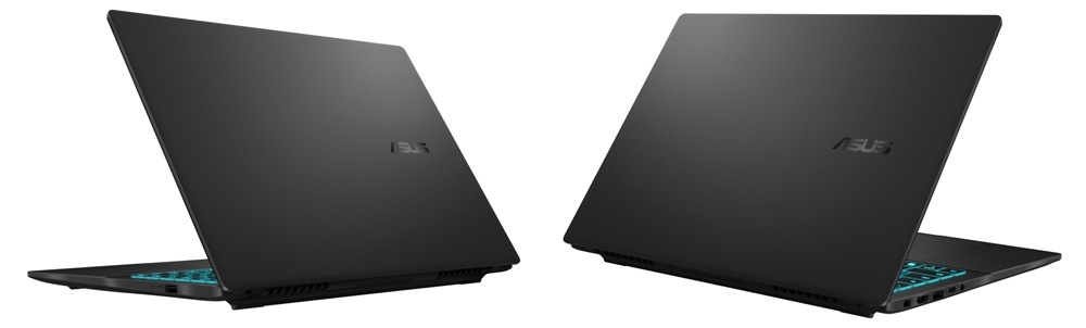 Dva pootevřené notebooky Asus V16 zezadu