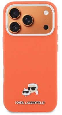 Kryt na mobil Karl Lagerfeld PU Karl and Choupette Heads Pins MagSafe na Apple iPhone 17 Pro Max - oranžový