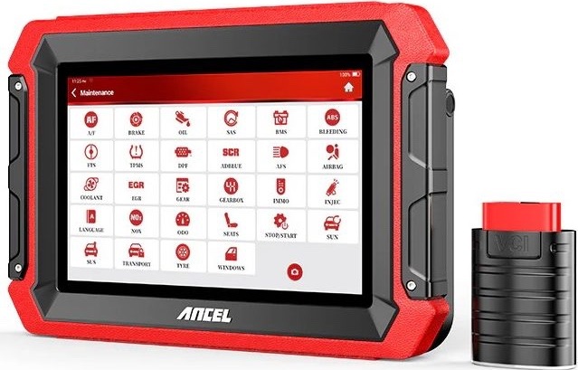 Diagnostický tablet Ancel DS600 v červeno-černém odolném provedení s dotykovým displejem, vedle něj bezdrátové diagnostické rozhraní VCI.
