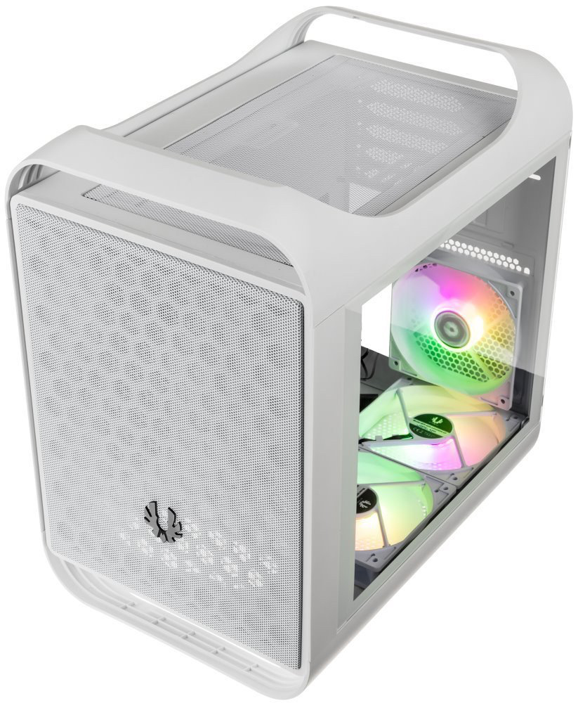 Case BitFenix Prodigy M 2022 ARGB bílá Pohled s hora do útrob PC skříně přes pravý horní roh. Uvnitř je zachycen prostor bez komponentů pouze se svítícími třemi ventilátory.