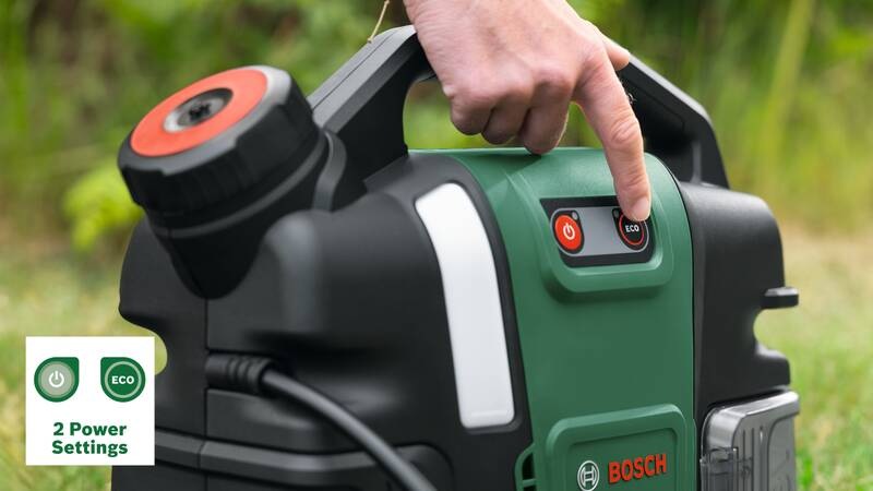 Tlakový čistič Bosch 06008B6201 18V-6 (s baterií) Detail ovládacího panelu Bosch Fontus 18V-6 s tlačítky zapnutí a ECO režimu