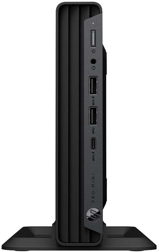Mini stolní počítač HP Pro Mini 400 G9 umístěný v praktickém vertikálním stojanu