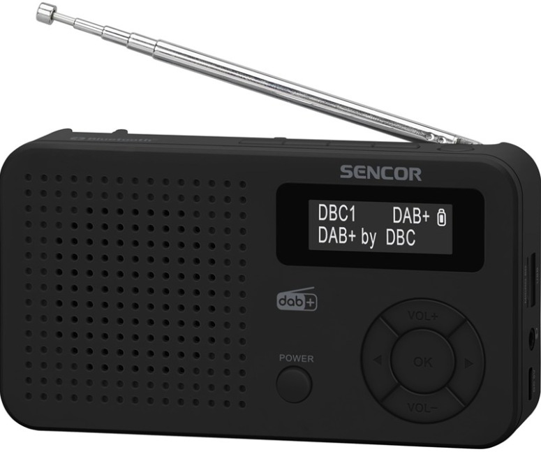 Radiopřijímač DAB+ Sencor SRD 7210B v černém provedení s LCD displejem a teleskopickou anténou